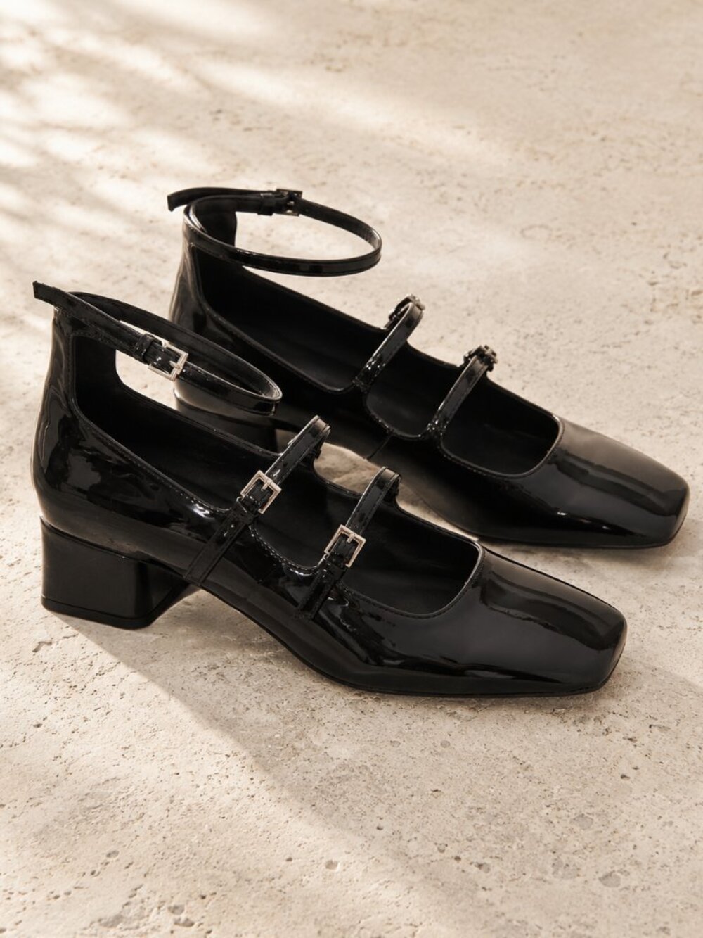 Zara Black Patent Triple Strap Mary Jane Block Heel Pumps EU 38 US 8